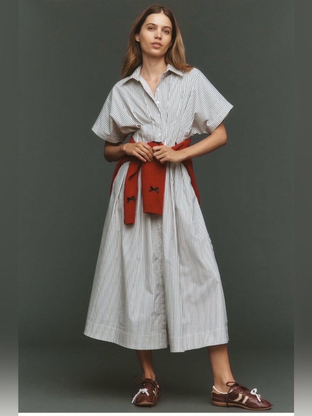 Anthropologie The Tobie Button-Front Pleated Shirt Dress by Exquise Stripes M